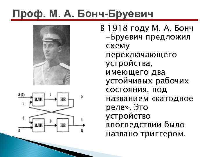 Проф. М. А. Бонч-Бруевич В 1918 году М. А. Бонч -Бруевич предложил схему переключающего