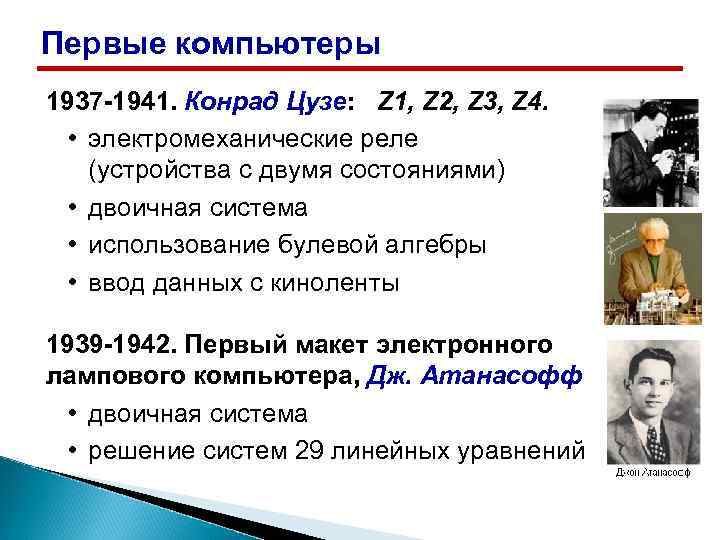 Первые компьютеры 1937 -1941. Конрад Цузе: Z 1, Z 2, Z 3, Z 4.