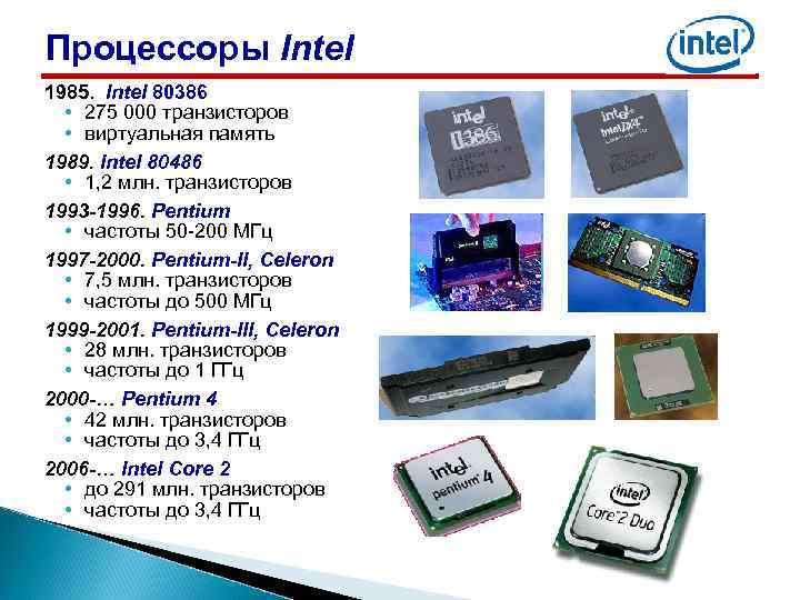 Процессоры Intel 1985. Intel 80386 • 275 000 транзисторов • виртуальная память 1989. Intel