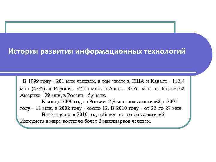 История развития информационных технологий В 1999 году - 201 млн человек, в том числе