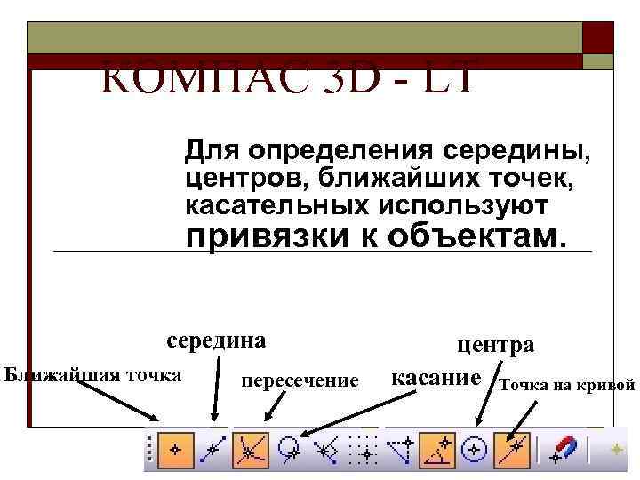 КОМПАС 3 D - LT Для определения середины, центров, ближайших точек, касательных используют привязки