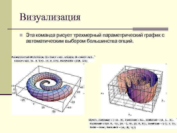Визуализация n Эта команда рисует трехмерный параметрический график с автоматическим выбором большинства опций. 