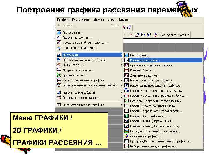 Построение графика рассеяния переменных Меню ГРАФИКИ / 2 D ГРАФИКИ / ГРАФИКИ РАССЕЯНИЯ …