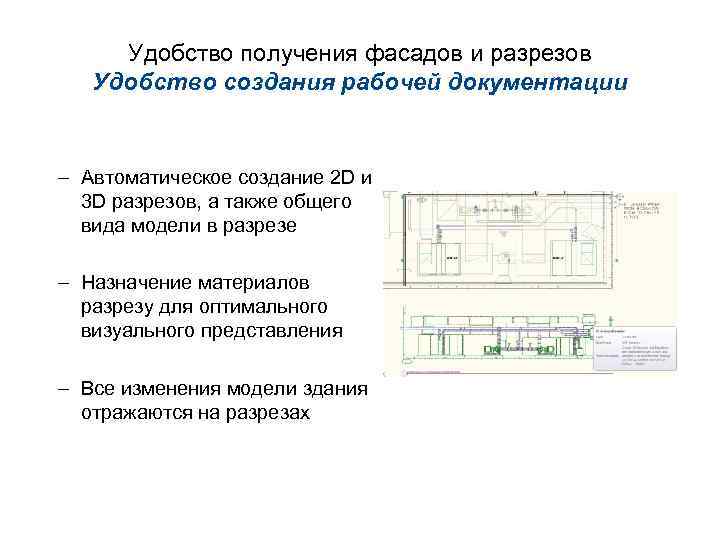 Удобство получения фасадов и разрезов Удобство создания рабочей документации – Автоматическое создание 2 D