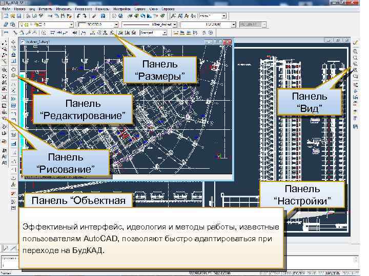 Панель “Размеры” Панель “Вид” Панель “Редактирование” Панель “Рисование” Панель “Объектная привязка” Панель “Настройки” Эффективный