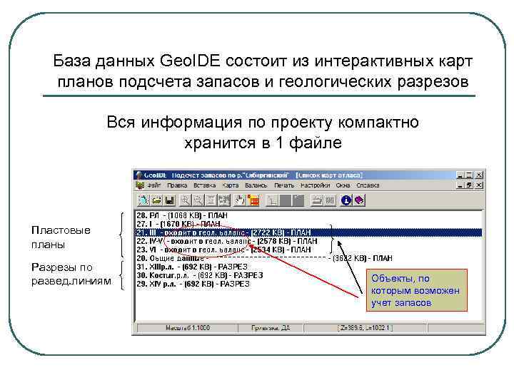 База данных Geo. IDE состоит из интерактивных карт планов подсчета запасов и геологических разрезов