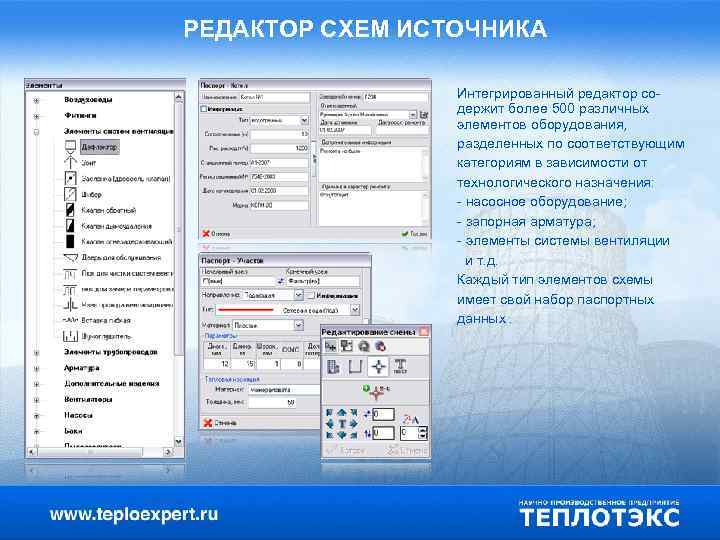 РЕДАКТОР СХЕМ ИСТОЧНИКА Интегрированный редактор содержит более 500 различных элементов оборудования, разделенных по соответствующим
