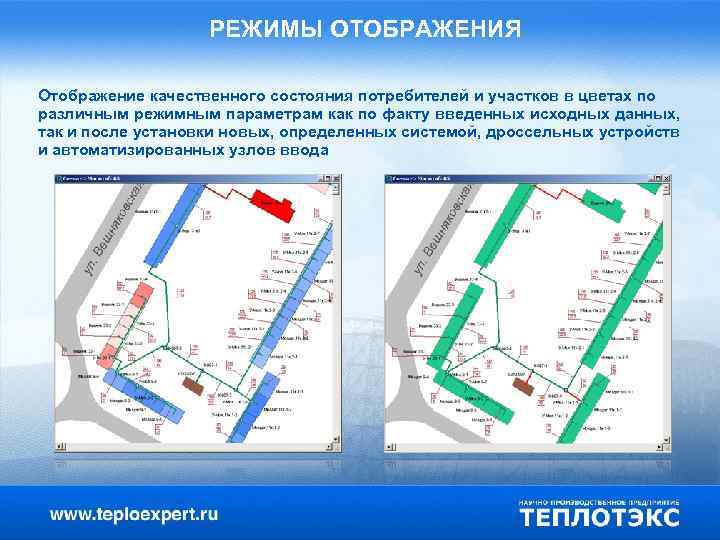 РЕЖИМЫ ОТОБРАЖЕНИЯ Отображение качественного состояния потребителей и участков в цветах по различным режимным параметрам