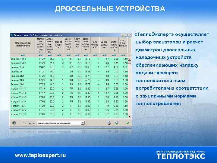 ДРОССЕЛЬНЫЕ УСТРОЙСТВА «Тепло. Эксперт» осуществляет выбор элеваторов и расчет диаметров дроссельных наладочных устройств, обеспечивающих