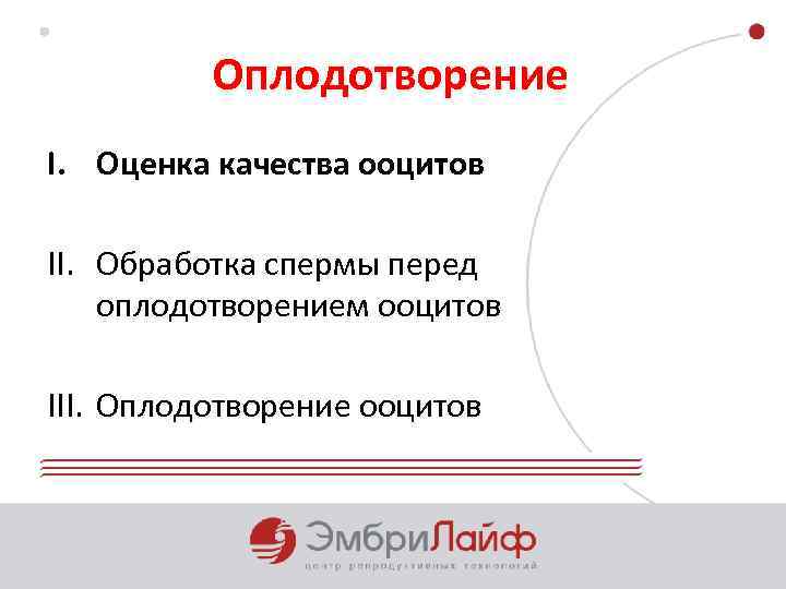 Оплодотворение I. Оценка качества ооцитов II. Обработка спермы перед оплодотворением ооцитов III. Оплодотворение ооцитов