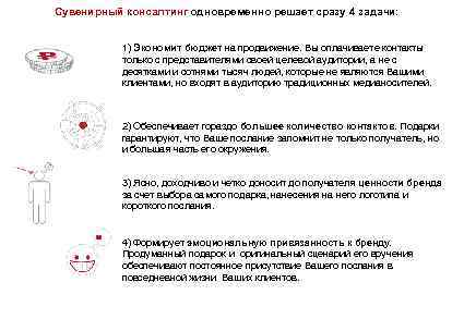Сувенирный консалтинг одновременно решает сразу 4 задачи: 1) Экономит бюджет на продвижение. Вы оплачиваете