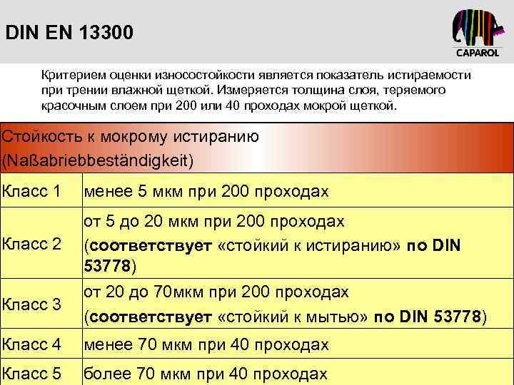 DIN EN 13300 Критерием оценки износостойкости является показатель истираемости при трении влажной щеткой. Измеряется
