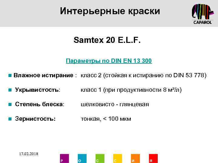 Интерьерные краски Samtex 20 E. L. F. Параметры по DIN EN 13 300 n
