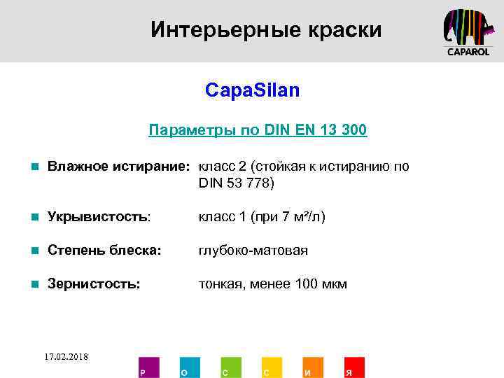 Интерьерные краски Capa. Silan Параметры по DIN EN 13 300 n Влажное истирание: класс