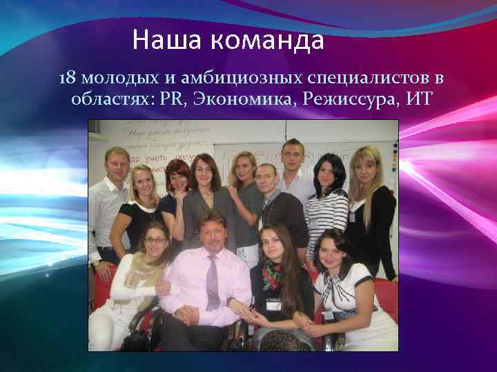 Наша команда 18 молодых и амбициозных специалистов в областях: PR, Экономика, Режиссура, ИТ 