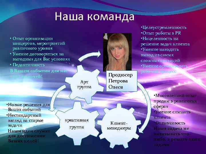 Наша команда • Опыт организации концертов, мероприятий различного уровня • Умение договориться на выгодных