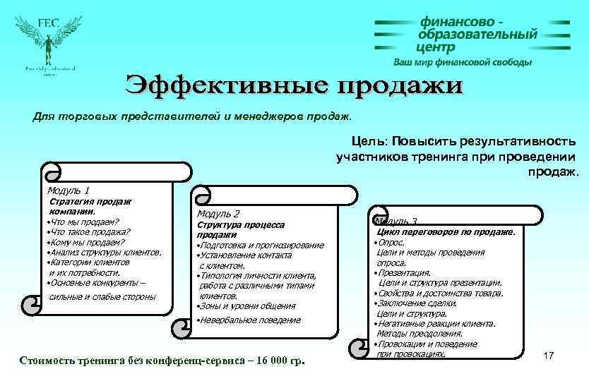 Для торговых представителей и менеджеров продаж. Цель: Повысить результативность участников тренинга при проведении продаж.
