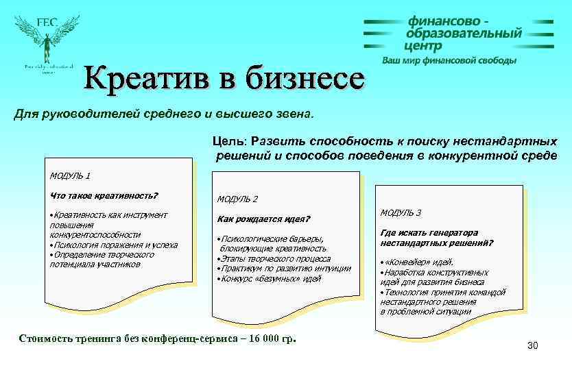 Для руководителей среднего и высшего звена. Цель: Развить способность к поиску нестандартных решений и