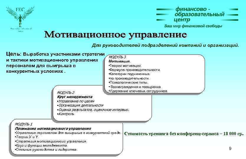 Для руководителей подразделений компаний и организаций. Цель: Выработка участниками стратегии и тактики мотивационного управления