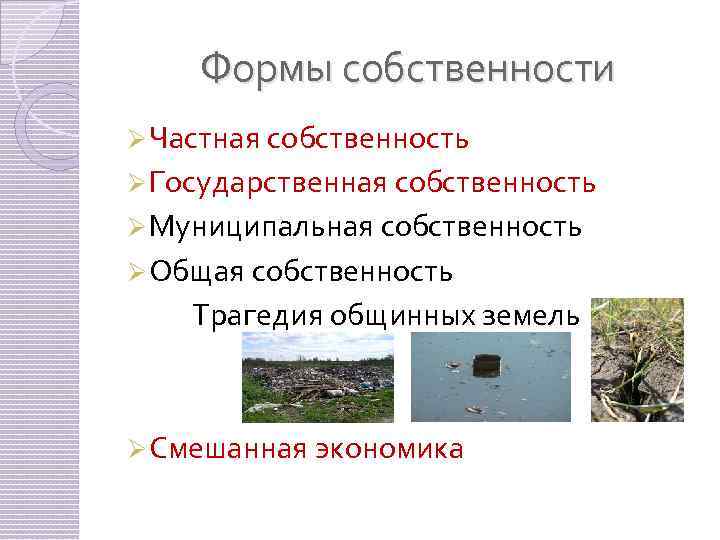 Формы собственности Ø Частная собственность Ø Государственная собственность Ø Муниципальная собственность Ø Общая собственность