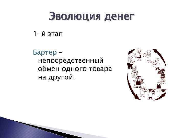 Эволюция денег 1 -й этап Бартер – непосредственный обмен одного товара на другой. 