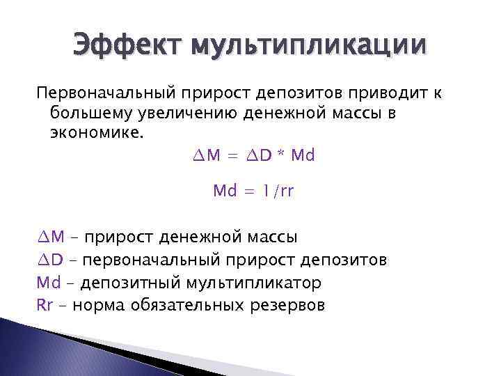 Эффект мультипликации Первоначальный прирост депозитов приводит к большему увеличению денежной массы в экономике. ∆M