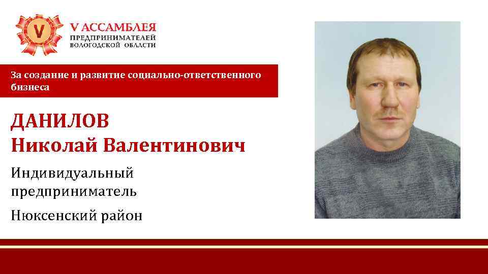 За создание и развитие социально-ответственного бизнеса ДАНИЛОВ Николай Валентинович Индивидуальный предприниматель Нюксенский район 