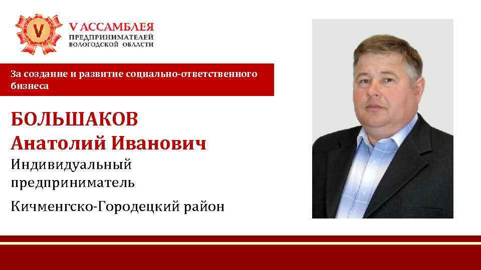 За создание и развитие социально-ответственного бизнеса БОЛЬШАКОВ Анатолий Иванович Индивидуальный предприниматель Кичменгско-Городецкий район 