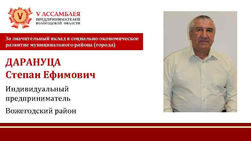За значительный вклад в социально-экономическое развитие муниципального района (города) ДАРАНУЦА Степан Ефимович Индивидуальный предприниматель