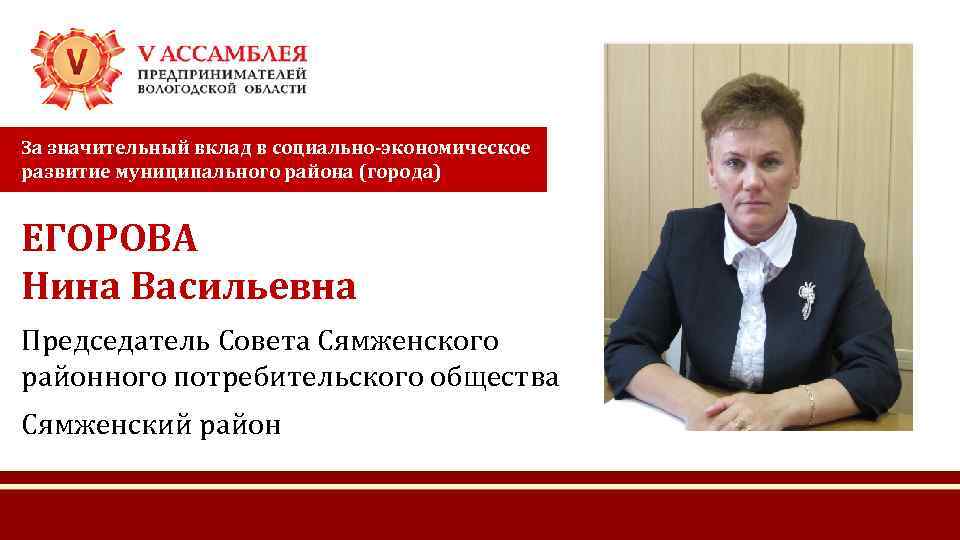 За значительный вклад в социально-экономическое развитие муниципального района (города) ЕГОРОВА Нина Васильевна Председатель Совета