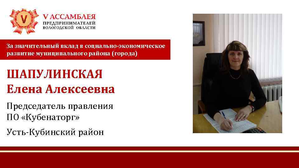За значительный вклад в социально-экономическое развитие муниципального района (города) ШАПУЛИНСКАЯ Елена Алексеевна Председатель правления