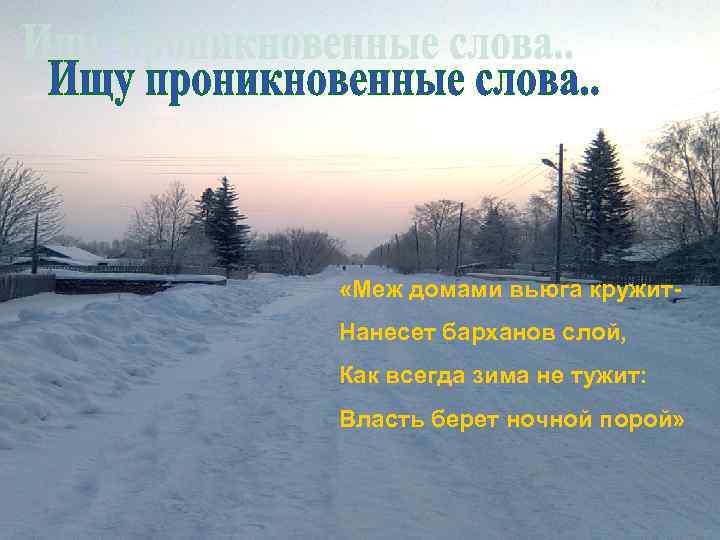  «Меж домами вьюга кружит. Нанесет барханов слой, Как всегда зима не тужит: Власть