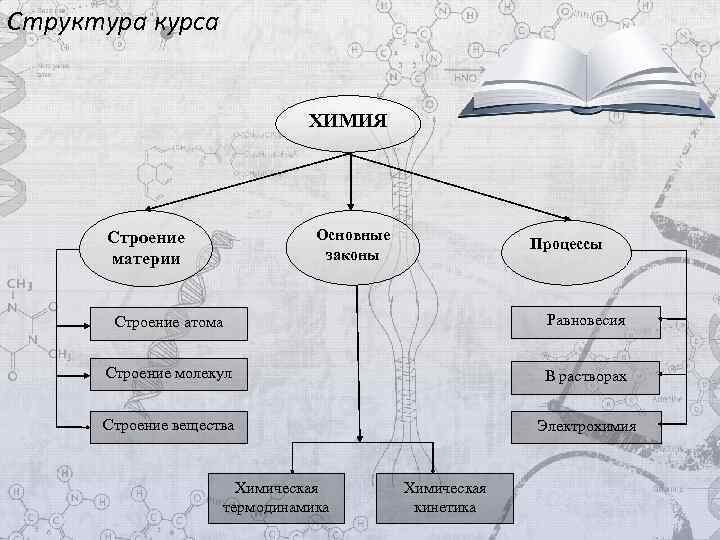 Структура курса ХИМИЯ Основные законы Строение материи Процессы Строение атома Равновесия Строение молекул В