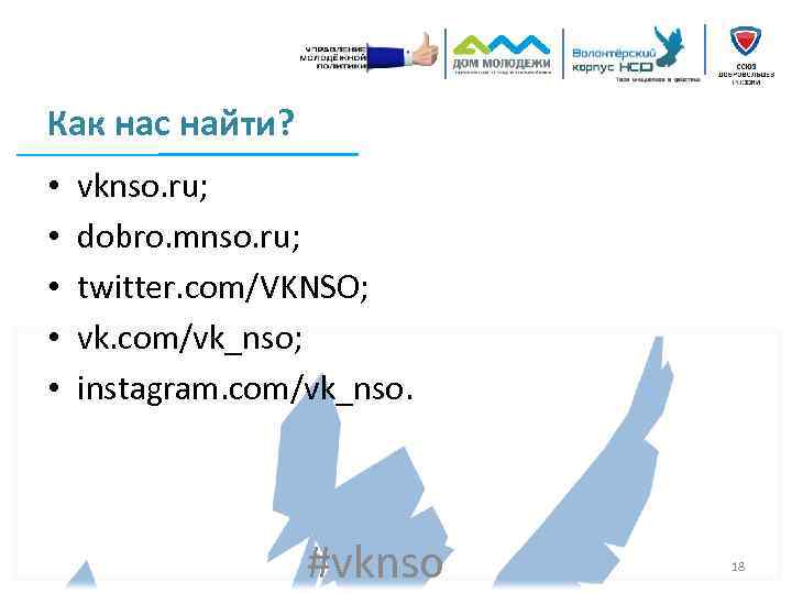 Как нас найти? • • • vknso. ru; dobro. mnso. ru; twitter. com/VKNSO; vk.