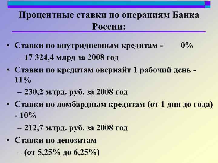 Процентные ставки по операциям Банка России: • Ставки по внутридневным кредитам 0% – 17