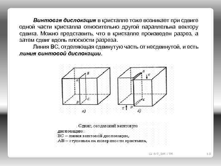 Винтовая дислокация в кристалле тоже возникает при сдвиге одной части кристалла относительно другой параллельна