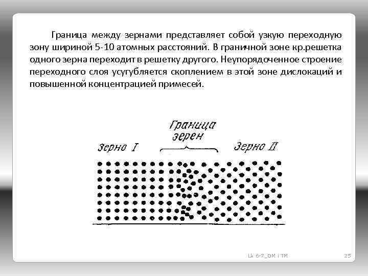 Граница между зернами представляет собой узкую переходную зону шириной 5 -10 атомных расстояний. В