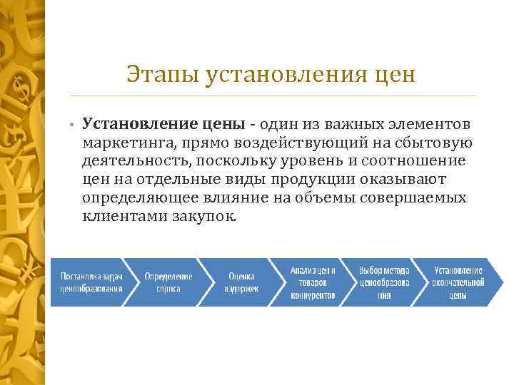 Этапы установления цен • Установление цены - один из важных элементов маркетинга, прямо воздействующий