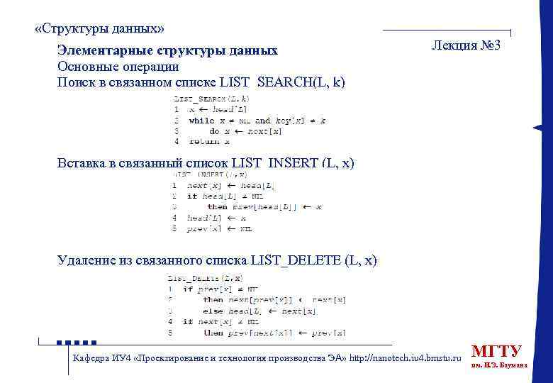  «Структуры данных» Элементарные структуры данных Основные операции Поиск в связанном списке LIST_SEARCH(L, k)