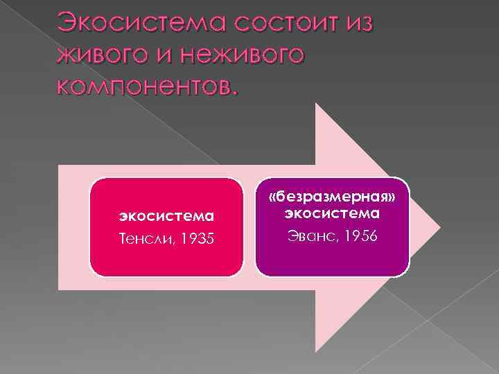 Экосистема состоит из живого и неживого компонентов. экосистема Тенсли, 1935 «безразмерная» экосистема Эванс, 1956