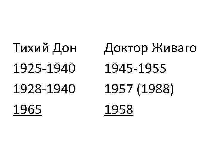 Тихий Дон 1925 -1940 1928 -1940 1965 Доктор Живаго 1945 -1955 1957 (1988) 1958