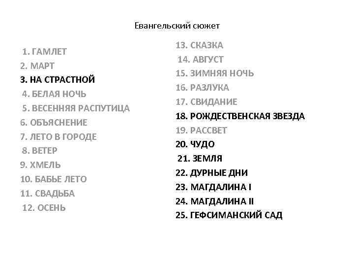 Евангельский сюжет 1. ГАМЛЕТ 2. МАРТ 3. НА СТРАСТНОЙ 4. БЕЛАЯ НОЧЬ 5. ВЕСЕННЯЯ