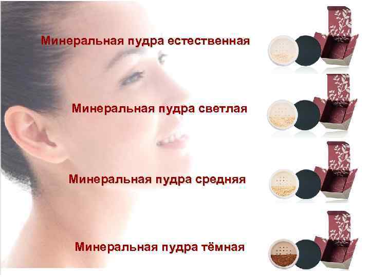 Минеральная пудра естественная Минеральная пудра светлая Минеральная пудра средняя Минеральная пудра тёмная 