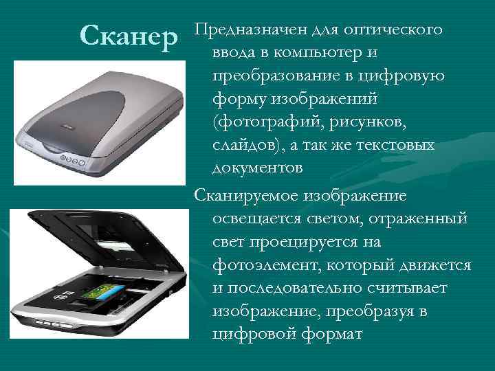 Сканер Предназначен для оптического ввода в компьютер и преобразование в цифровую форму изображений (фотографий,