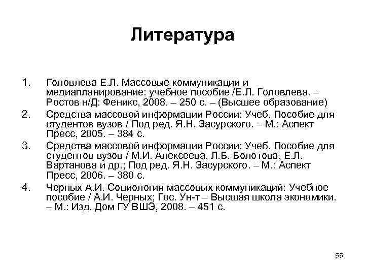 Литература 1. 2. 3. 4. Головлева Е. Л. Массовые коммуникации и медиапланирование: учебное пособие
