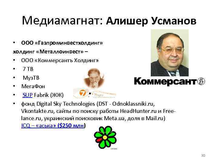 Медиамагнат: Алишер Усманов • ООО «Газпроминвестхолдинг» холдинг «Металлоинвест» – • ООО «Коммерсантъ Холдинг» •