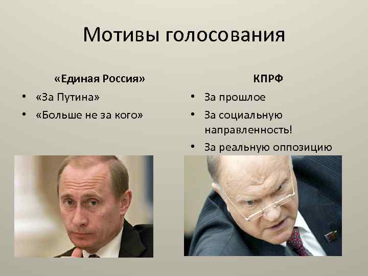 Мотивы голосования «Единая Россия» • «За Путина» • «Больше не за кого» КПРФ •