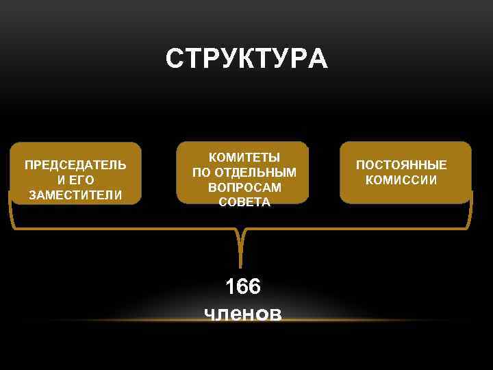 СТРУКТУРА ПРЕДСЕДАТЕЛЬ И ЕГО ЗАМЕСТИТЕЛИ КОМИТЕТЫ ПО ОТДЕЛЬНЫМ ВОПРОСАМ СОВЕТА 166 членов ПОСТОЯННЫЕ КОМИССИИ