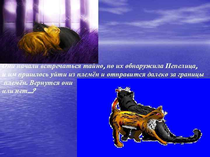 Они начали встречаться тайно, но их обнаружила Пепелица, и им пришлось уйти из племён