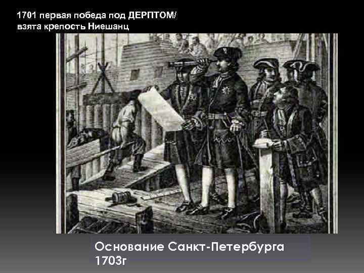 1701 первая победа под ДЕРПТОМ/ взята крепость Ниешанц Основание Санкт-Петербурга 1703 г 